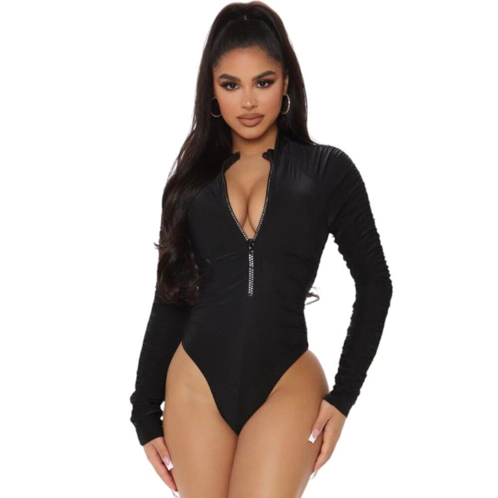 Fashion Nova NWT Bodysuits Black Size XL Ice Queen Ruched Rhinestone